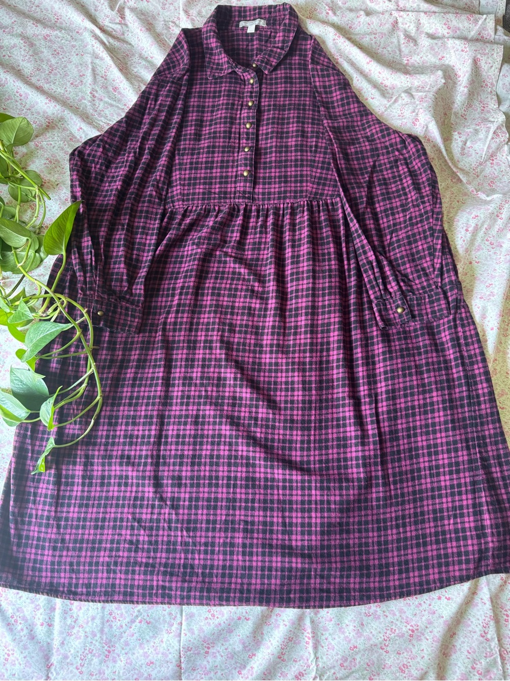 Woman Within Plus Size Maroon & Black Plaid Flannel Midi Dress